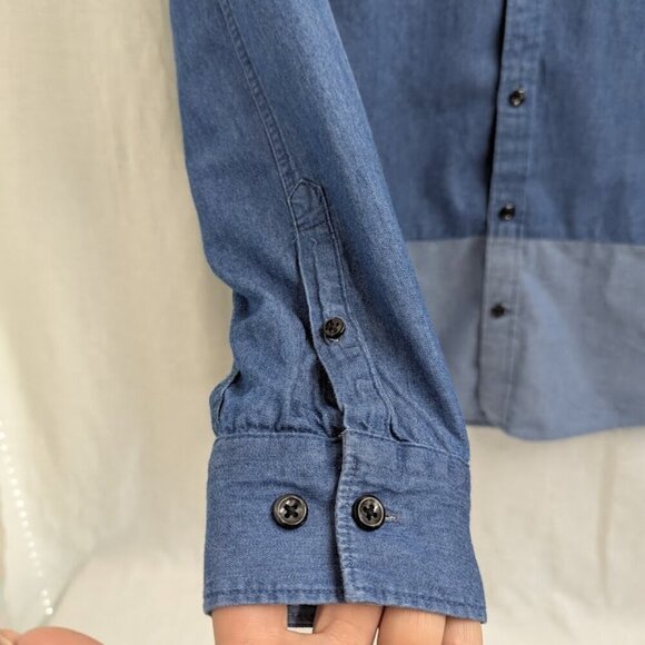 Express womens XS two tone cotton denim long sleeve button up, blue, fun E7 - Picture 5 of 9